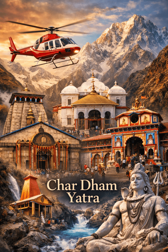 Luxury Char Dham Yatra by helicopter tour visiting Kedarnath Badrinath Gangotri Yamunotri temples in Uttarakhand